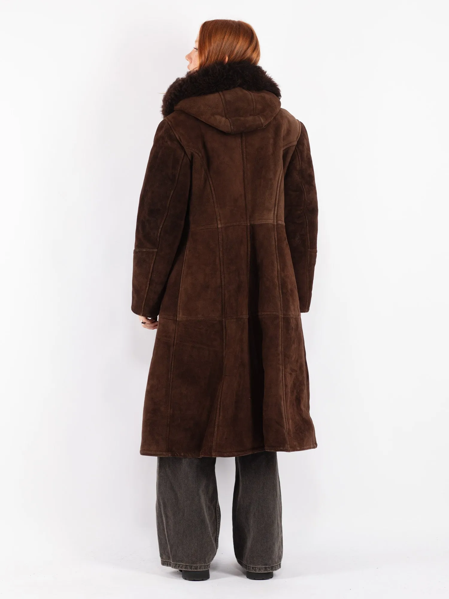 Vintage 70's Women Hooded Sheepskin Long Coat in Brown