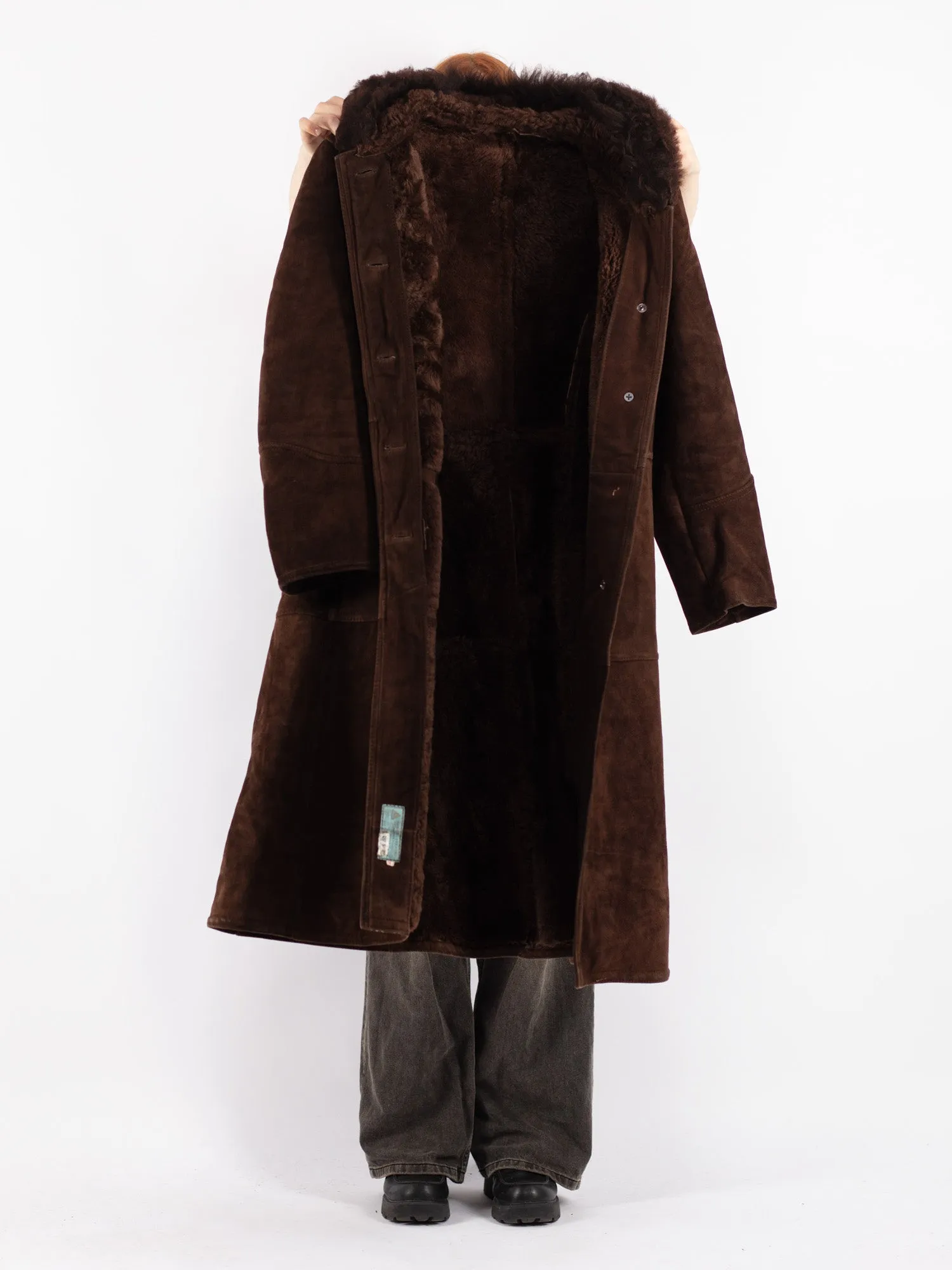 Vintage 70's Women Hooded Sheepskin Long Coat in Brown