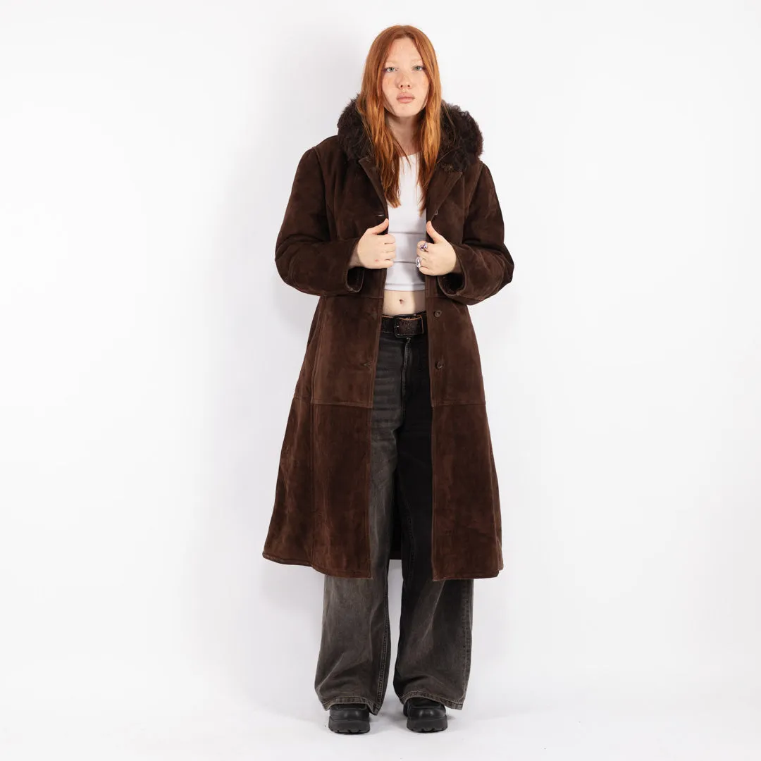 Vintage 70's Women Hooded Sheepskin Long Coat in Brown