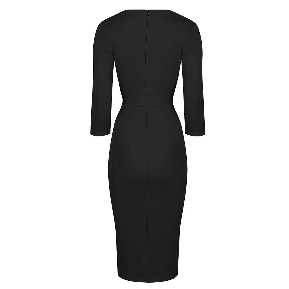 Vintage Black Wrap Over Midi Pencil Dress