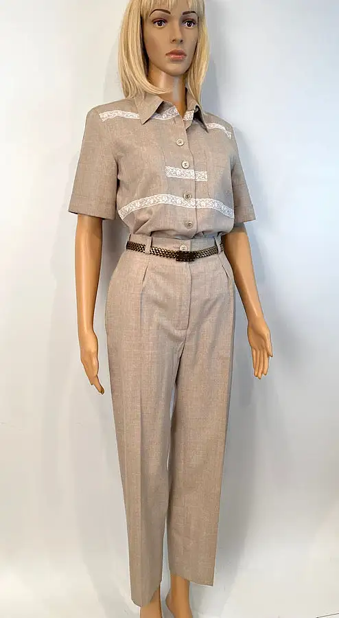 Vintage Chanel 1997 Khaki Blouse Pants Summer Wool Set FR 34