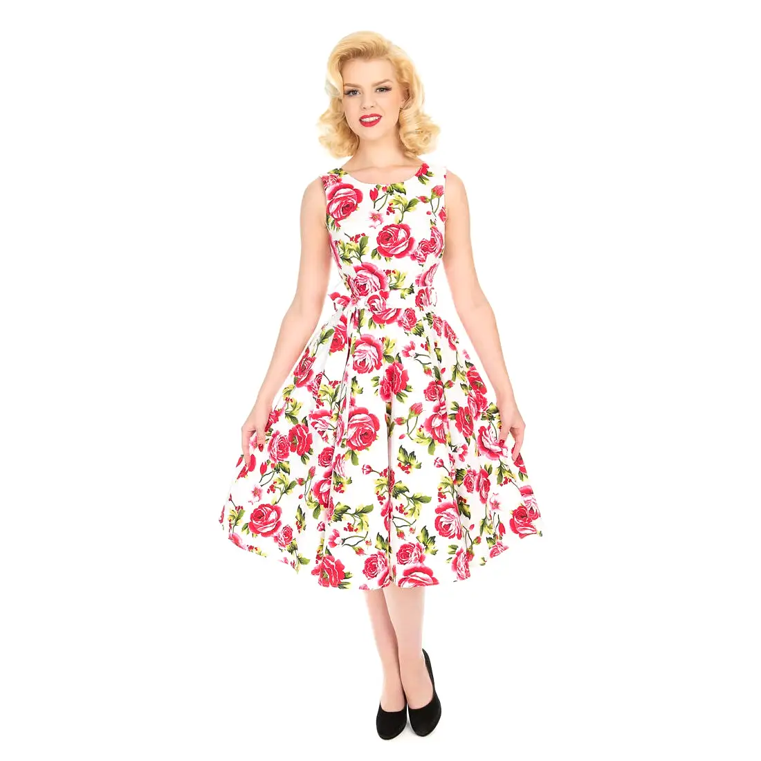 White and Pink Rose Floral Print Audrey 50s Summer Swing Dress