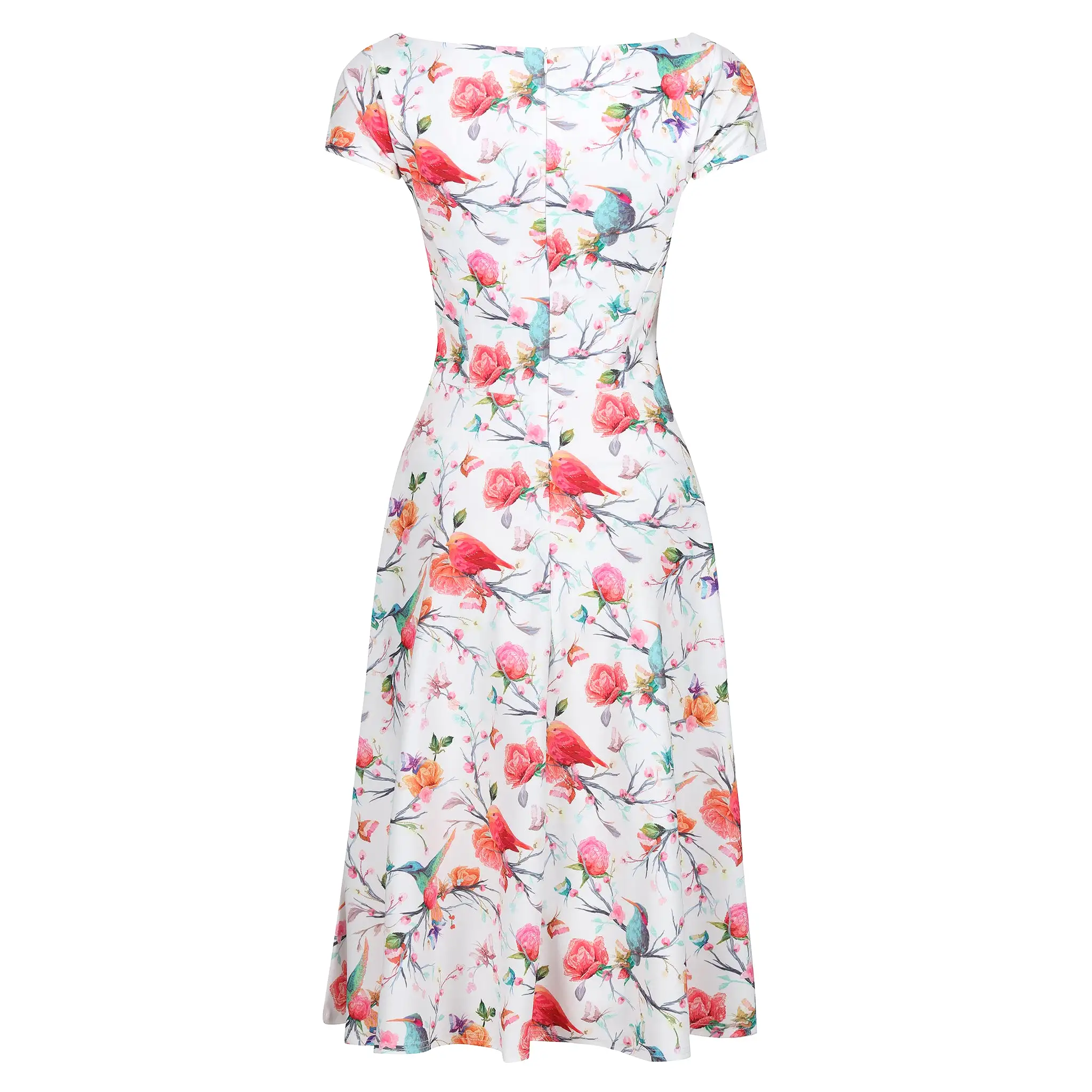 White Floral, Bird & Butterfly Print Cap Sleeve 50s Audrey Swing Dress