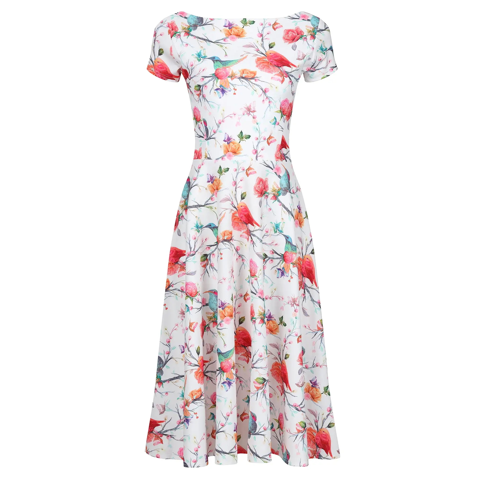 White Floral, Bird & Butterfly Print Cap Sleeve 50s Audrey Swing Dress