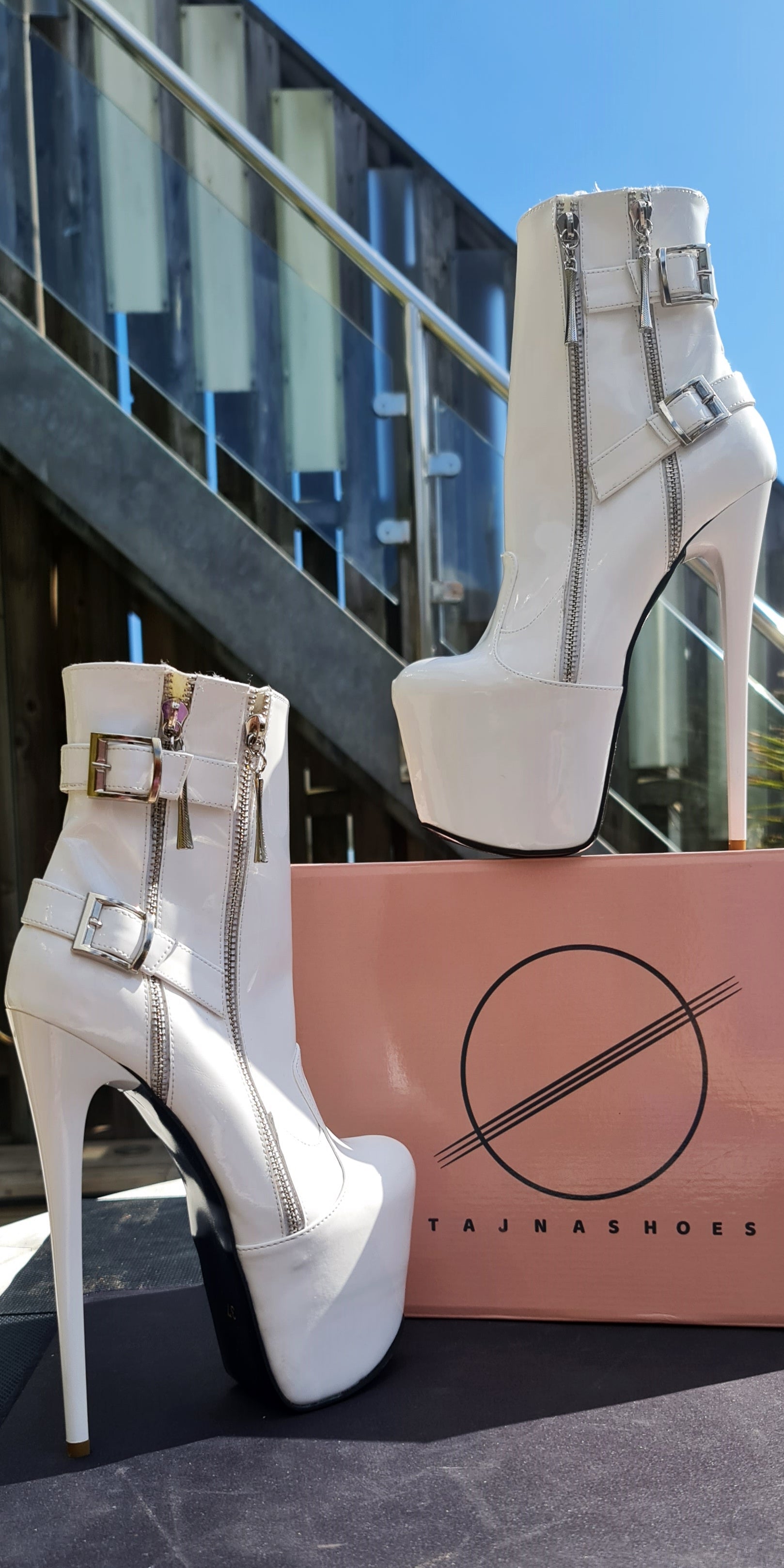 White Rocker Double Zip Belted High Heel Boots