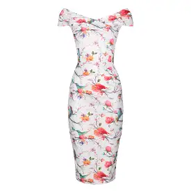 White Summer Bird Butterfly Print Cap Sleeve Crossover Top Bardot Wiggle Dress