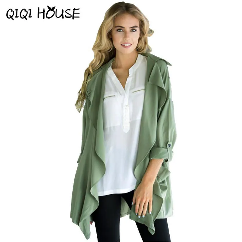 Windbreaker Women Green Elegant Outwear Coat Pocket Kimono Cardigan Office Ladies Waer Chalecos Mujer Manga Larga#C817 SM6