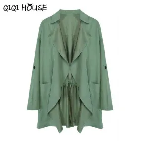 Windbreaker Women Green Elegant Outwear Coat Pocket Kimono Cardigan Office Ladies Waer Chalecos Mujer Manga Larga#C817 SM6