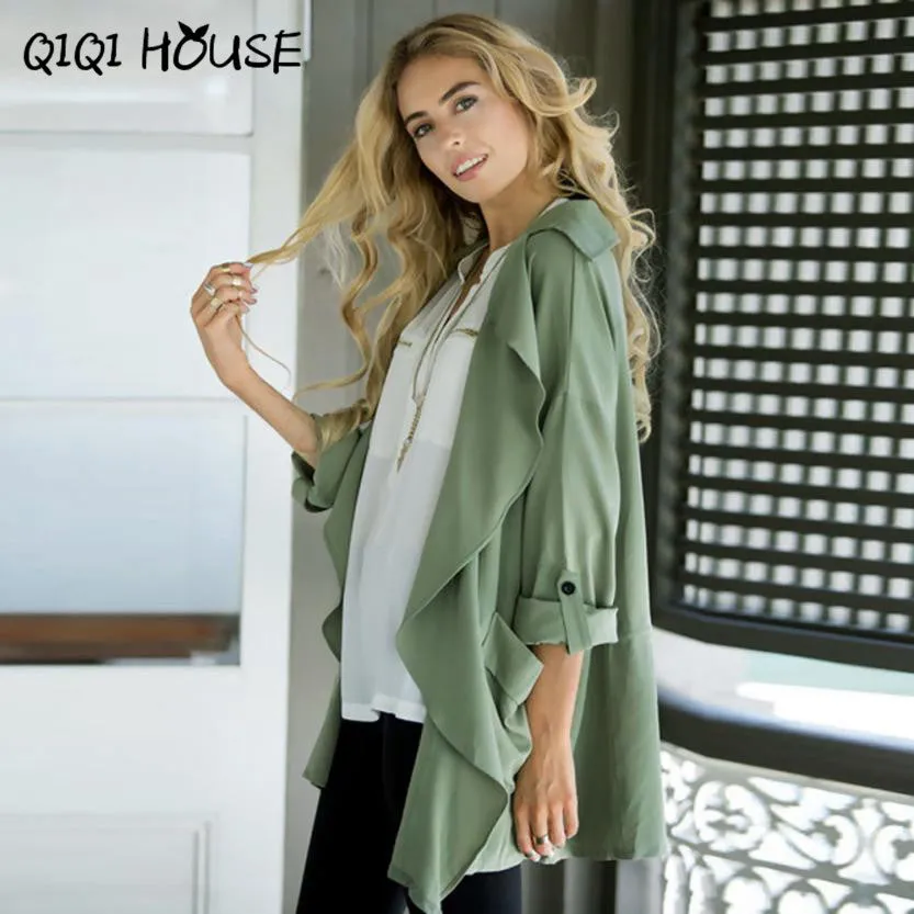 Windbreaker Women Green Elegant Outwear Coat Pocket Kimono Cardigan Office Ladies Waer Chalecos Mujer Manga Larga#C817 SM6