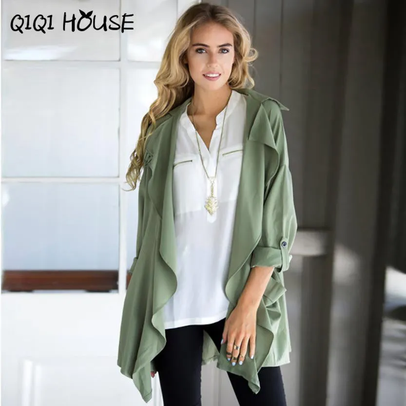 Windbreaker Women Green Elegant Outwear Coat Pocket Kimono Cardigan Office Ladies Waer Chalecos Mujer Manga Larga#C817 SM6