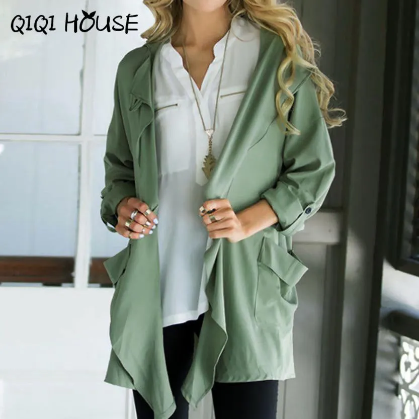 Windbreaker Women Green Elegant Outwear Coat Pocket Kimono Cardigan Office Ladies Waer Chalecos Mujer Manga Larga#C817 SM6