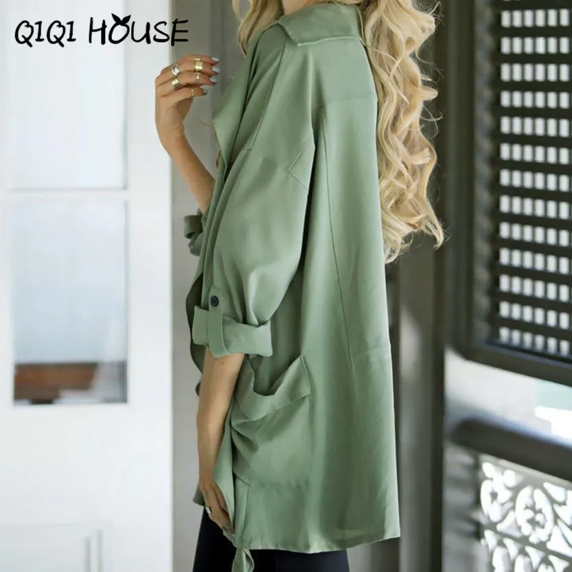 Windbreaker Women Green Elegant Outwear Coat Pocket Kimono Cardigan Office Ladies Waer Chalecos Mujer Manga Larga#C817 SM6