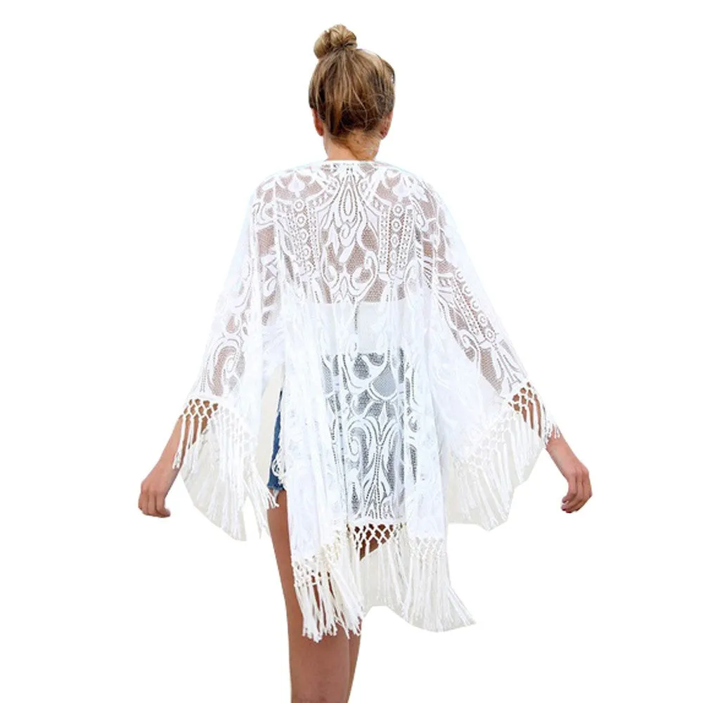 Women Coat Lace Long Tassel Bikini Swimwear Cover Up Beach Jacket Coat Bathing Suit Tops Blouse Cover up