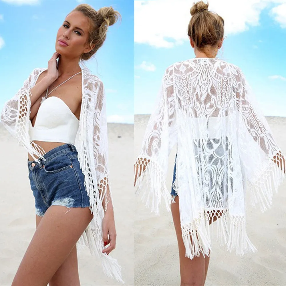 Women Coat Lace Long Tassel Bikini Swimwear Cover Up Beach Jacket Coat Bathing Suit Tops Blouse Cover up