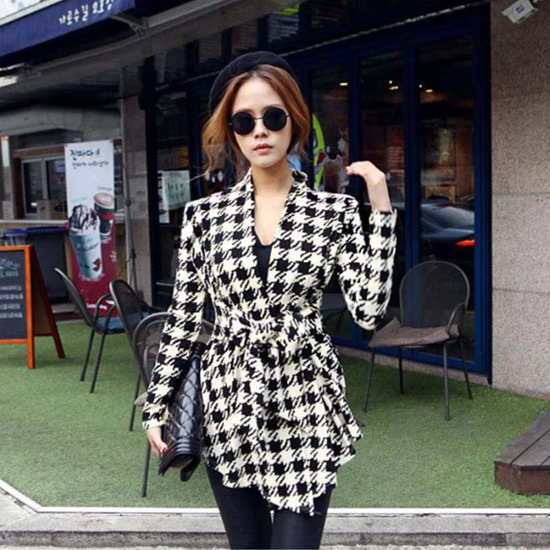 Women Coat Womens Houndstooth Pattern Thin Long Sleeve Cardigan Jacket Coat Outwear Tops