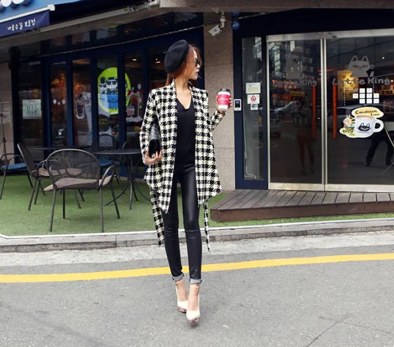 Women Coat Womens Houndstooth Pattern Thin Long Sleeve Cardigan Jacket Coat Outwear Tops