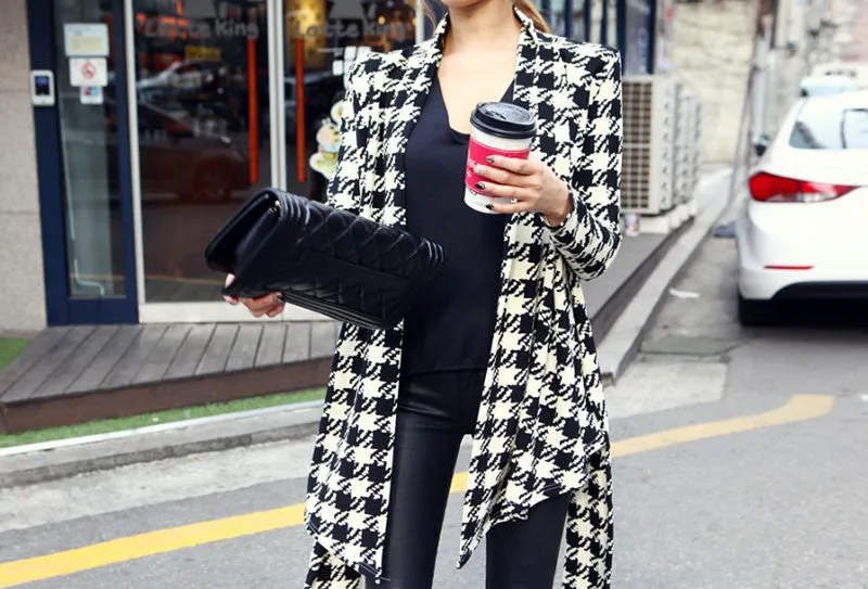 Women Coat Womens Houndstooth Pattern Thin Long Sleeve Cardigan Jacket Coat Outwear Tops