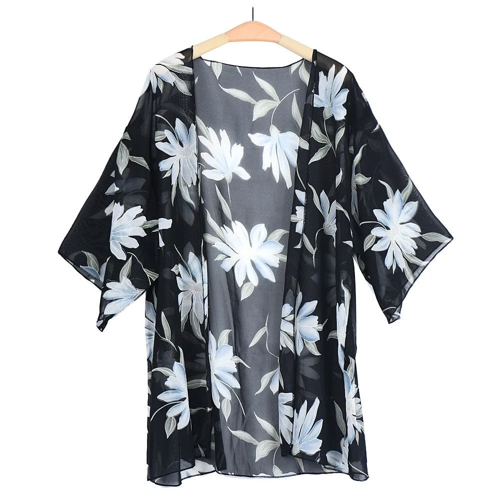 Womens Coat Printed Chiffon Button Kimono Cardigan Beach Cover up Jacket Coat Tops Blouse