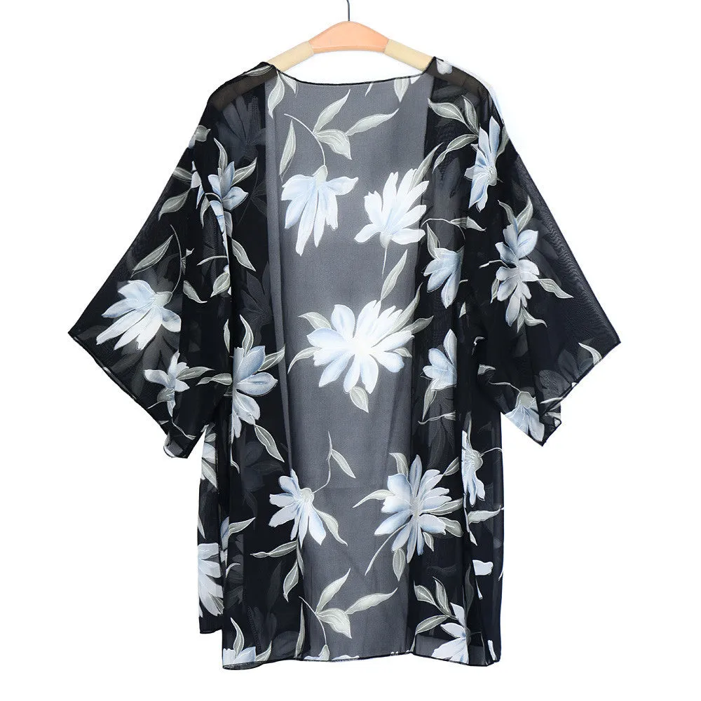 Womens Coat Printed Chiffon Button Kimono Cardigan Beach Cover up Jacket Coat Tops Blouse