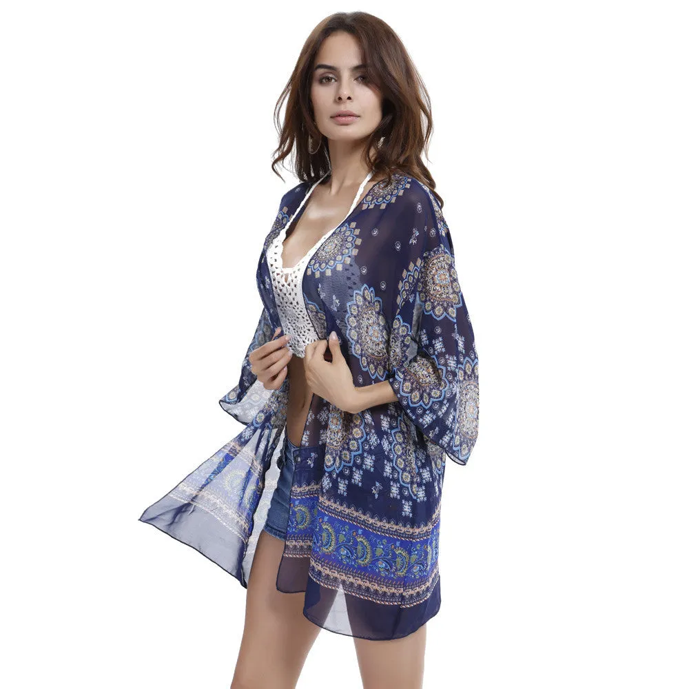 Womens Coat Printed Chiffon Button Kimono Cardigan Beach Jacket Coat Tops Blouse Cover up