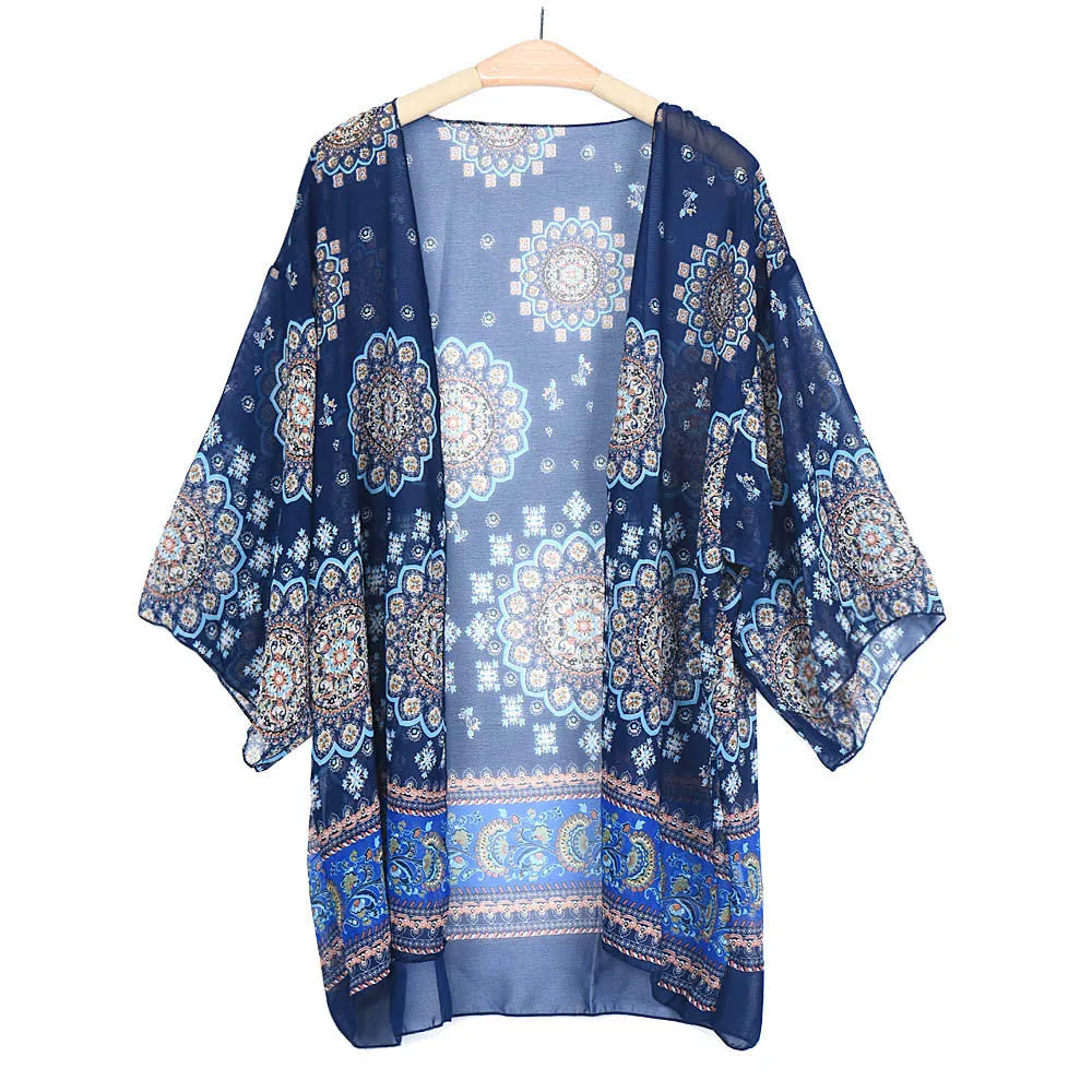 Womens Coat Printed Chiffon Button Kimono Cardigan Beach Jacket Coat Tops Blouse Cover up