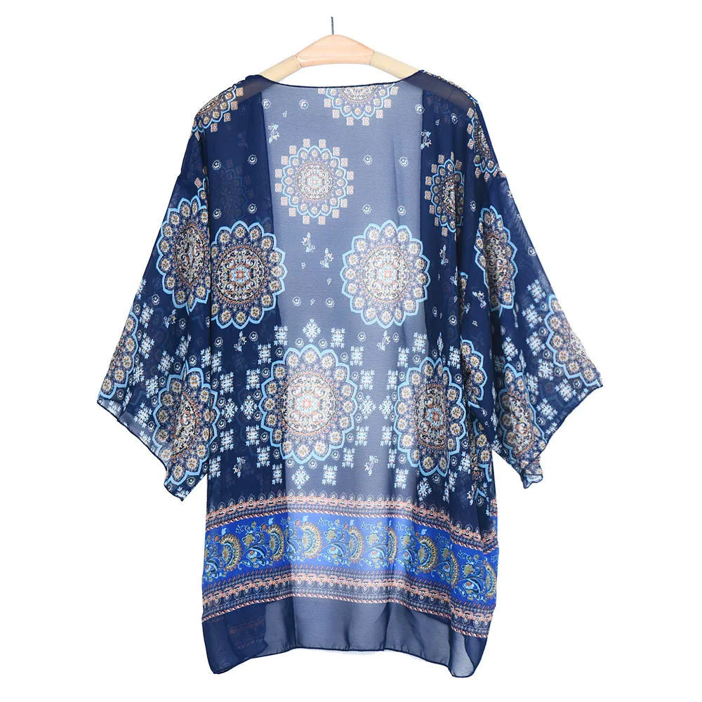 Womens Coat Printed Chiffon Button Kimono Cardigan Beach Jacket Coat Tops Blouse Cover up