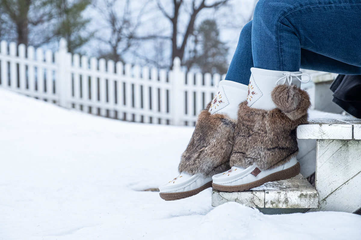 Women's SALE Leather Mid Calf Fur Mukluks in White and Old Brown